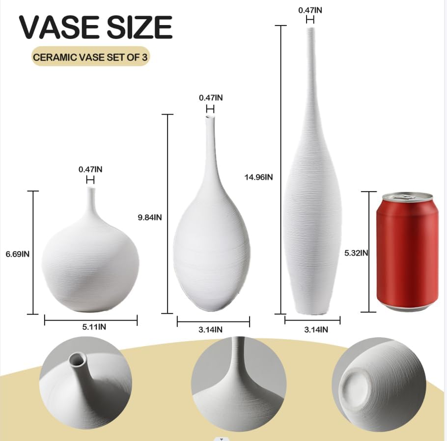 White Ceramic Vases Set of 3, Modern Boho Vases for Centerpiece Decor, Matte Minimalist Decorative White Vases Home Decor, for Living Room, Bookshelf, and Entryway Table Decor