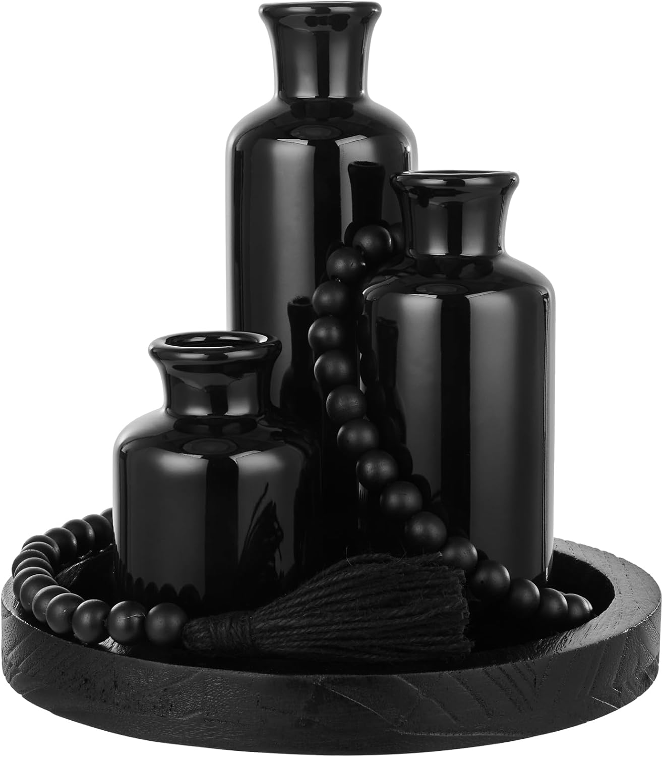 5 Pcs Rustic Country Tabletop Centerpieces Decor Set of 3 Boho Ceramic Vases with Wooden Serving Tray Wood Bead Garland Tassels Table Holder for Home Decorations(Rustic Color)