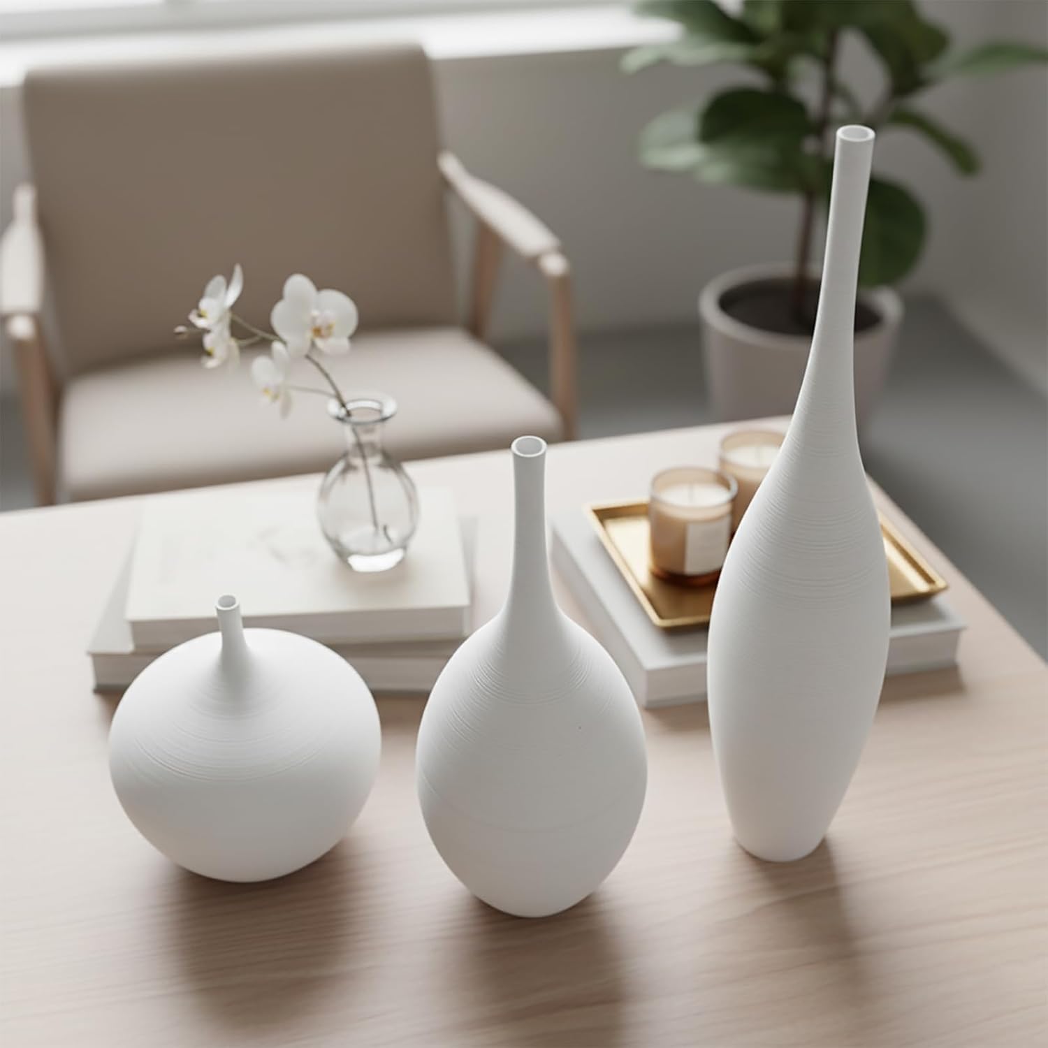 White Ceramic Vases Set of 3, Modern Boho Vases for Centerpiece Decor, Matte Minimalist Decorative White Vases Home Decor, for Living Room, Bookshelf, and Entryway Table Decor