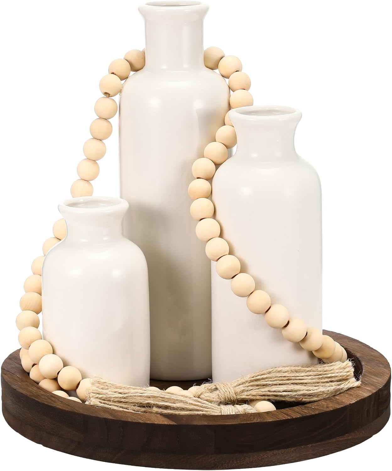 5 Pcs Rustic Country Tabletop Centerpieces Decor Set of 3 Boho Ceramic Vases with Wooden Serving Tray Wood Bead Garland Tassels Table Holder for Home Decorations(Rustic Color)