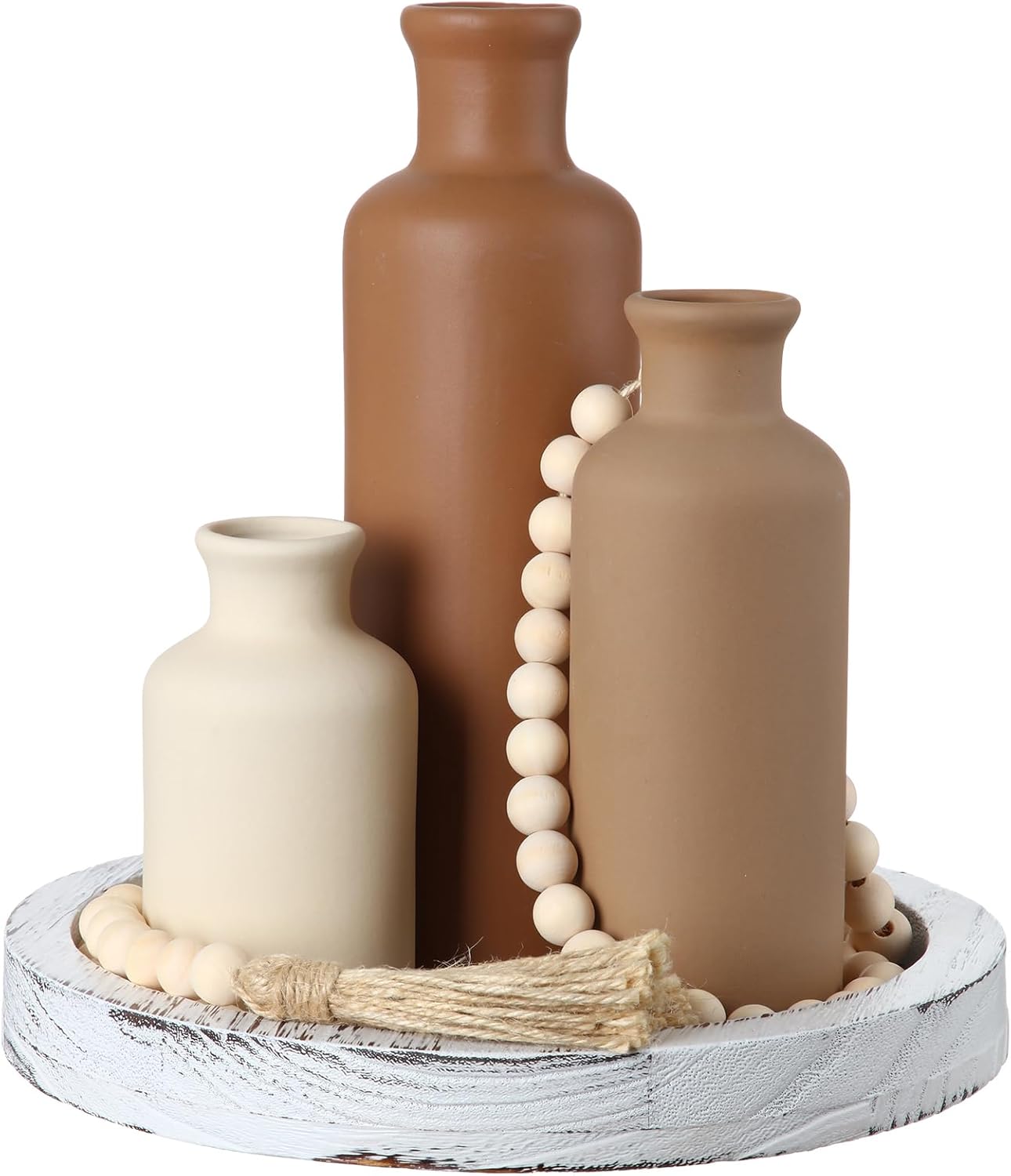 5 Pcs Rustic Country Tabletop Centerpieces Decor Set of 3 Boho Ceramic Vases with Wooden Serving Tray Wood Bead Garland Tassels Table Holder for Home Decorations(Rustic Color)