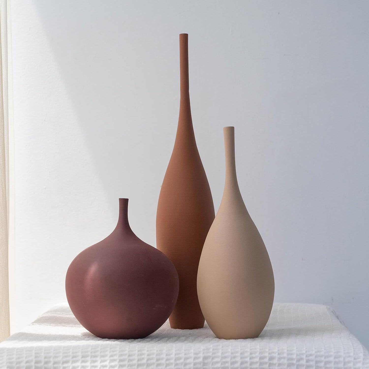 Ceramic Modern Vase Set of 3 Farmhouse Decorative Vase Minimalist Aesthetic Vases for Centerpieces Matte Ribbed Vases for Home Decor Table Entryway Living Room (Brown+Khaki+ Dark Red)