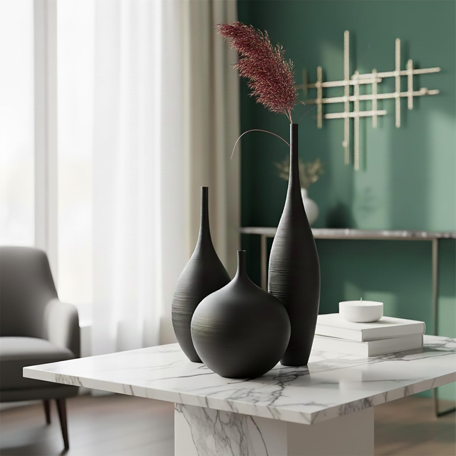 Black Ceramic Vases Set of 3, Modern Boho Vases for Centerpiece Decor, Matte Minimalist Decorative Vases for Home Decor, Living Room, Bookshelf, and Entryway Table Decor
