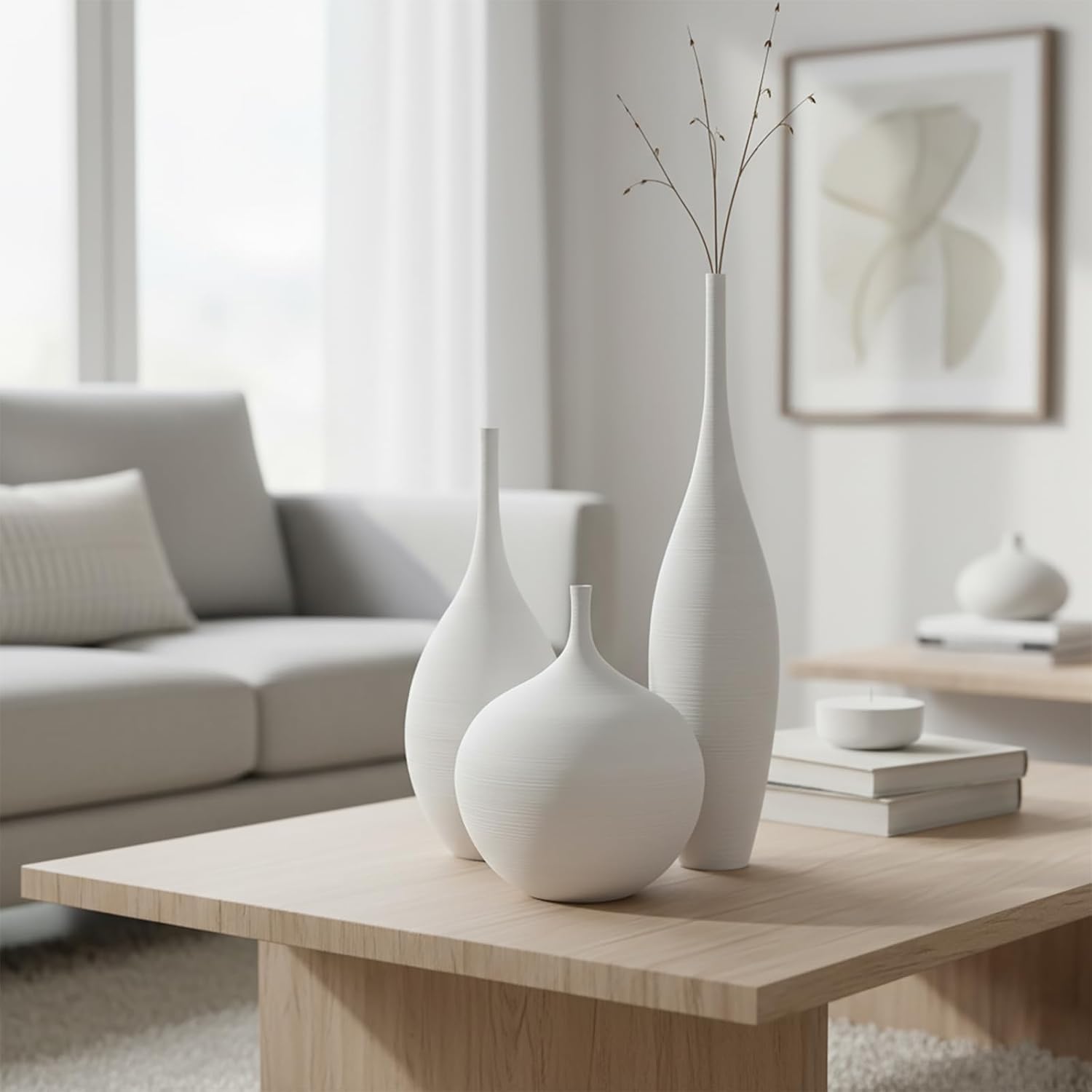 White Ceramic Vases Set of 3, Modern Boho Vases for Centerpiece Decor, Matte Minimalist Decorative White Vases Home Decor, for Living Room, Bookshelf, and Entryway Table Decor