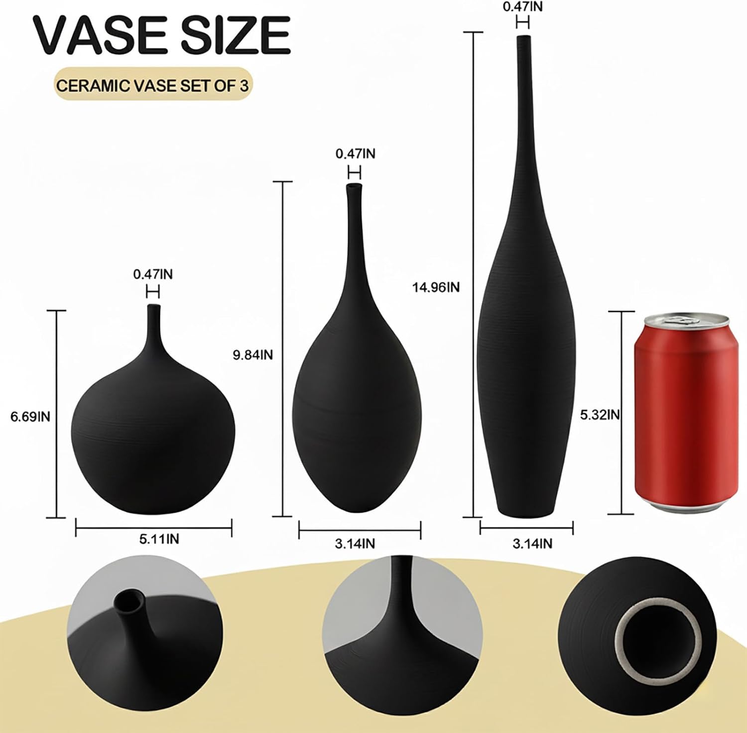 Black Ceramic Vases Set of 3, Modern Boho Vases for Centerpiece Decor, Matte Minimalist Decorative Vases for Home Decor, Living Room, Bookshelf, and Entryway Table Decor
