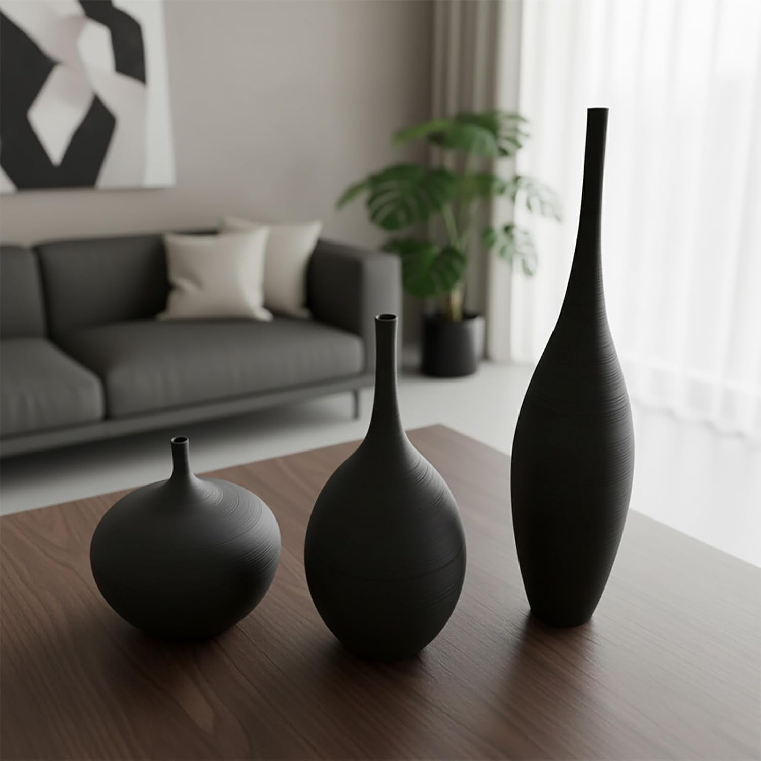 Black Ceramic Vases Set of 3, Modern Boho Vases for Centerpiece Decor, Matte Minimalist Decorative Vases for Home Decor, Living Room, Bookshelf, and Entryway Table Decor