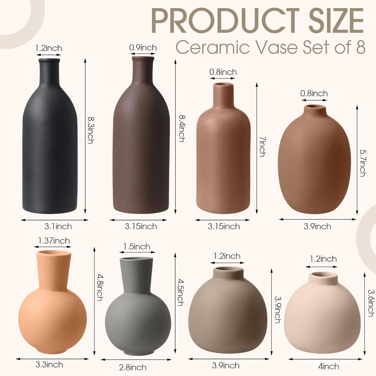 8 Pcs Ceramic Vase Set Home Decor Rustic Modern Farmhouse Neutral Boho Pottery Terracotta Vases for Pampas Grass Bouquet Dried Fresh Flowers, Shelf, Entryway Bedroom Minimalism Decor