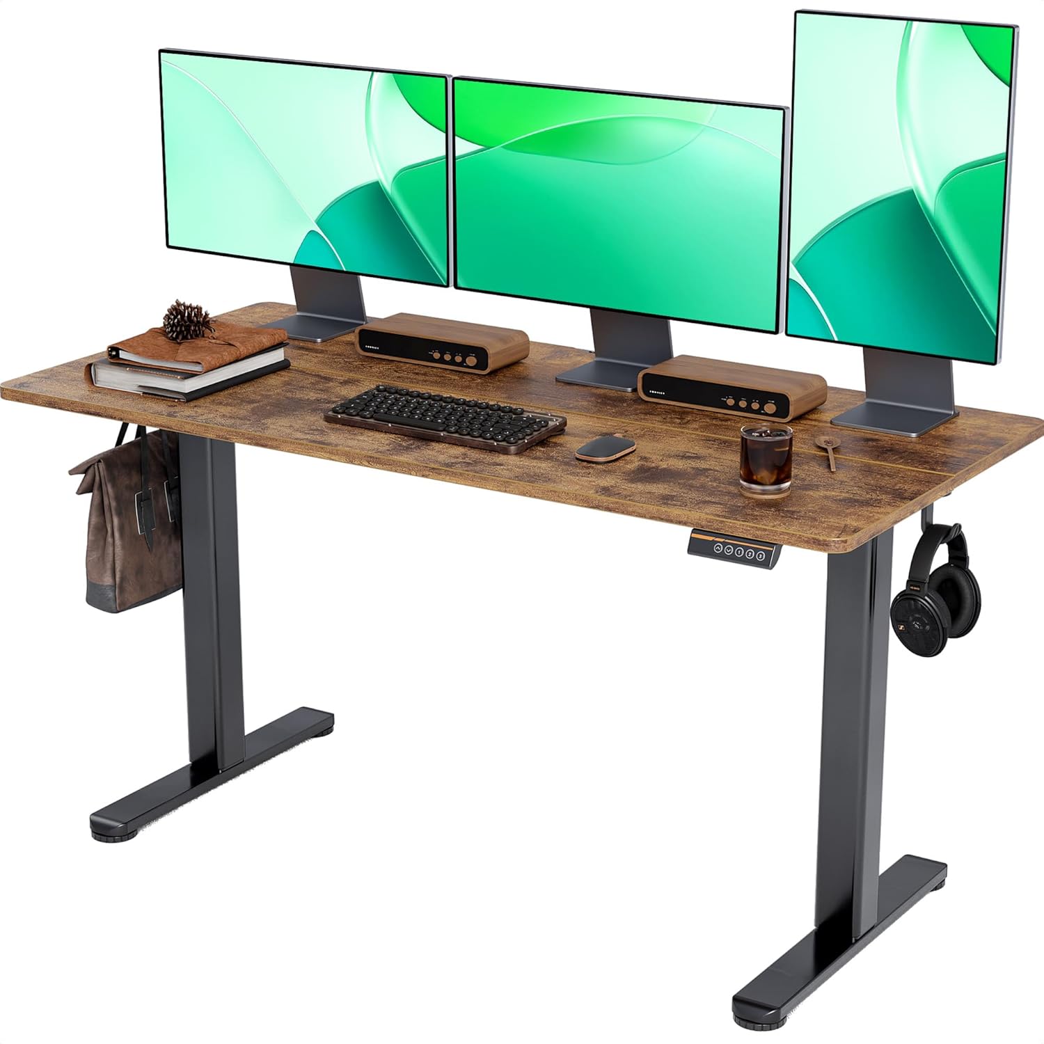 Claiks Electric Standing Desk, Adjustable Height Stand up Desk, 24x48 Inches Sit Stand Home Office Desk with Splice Board, Black Frame/Rustic Brown Top
