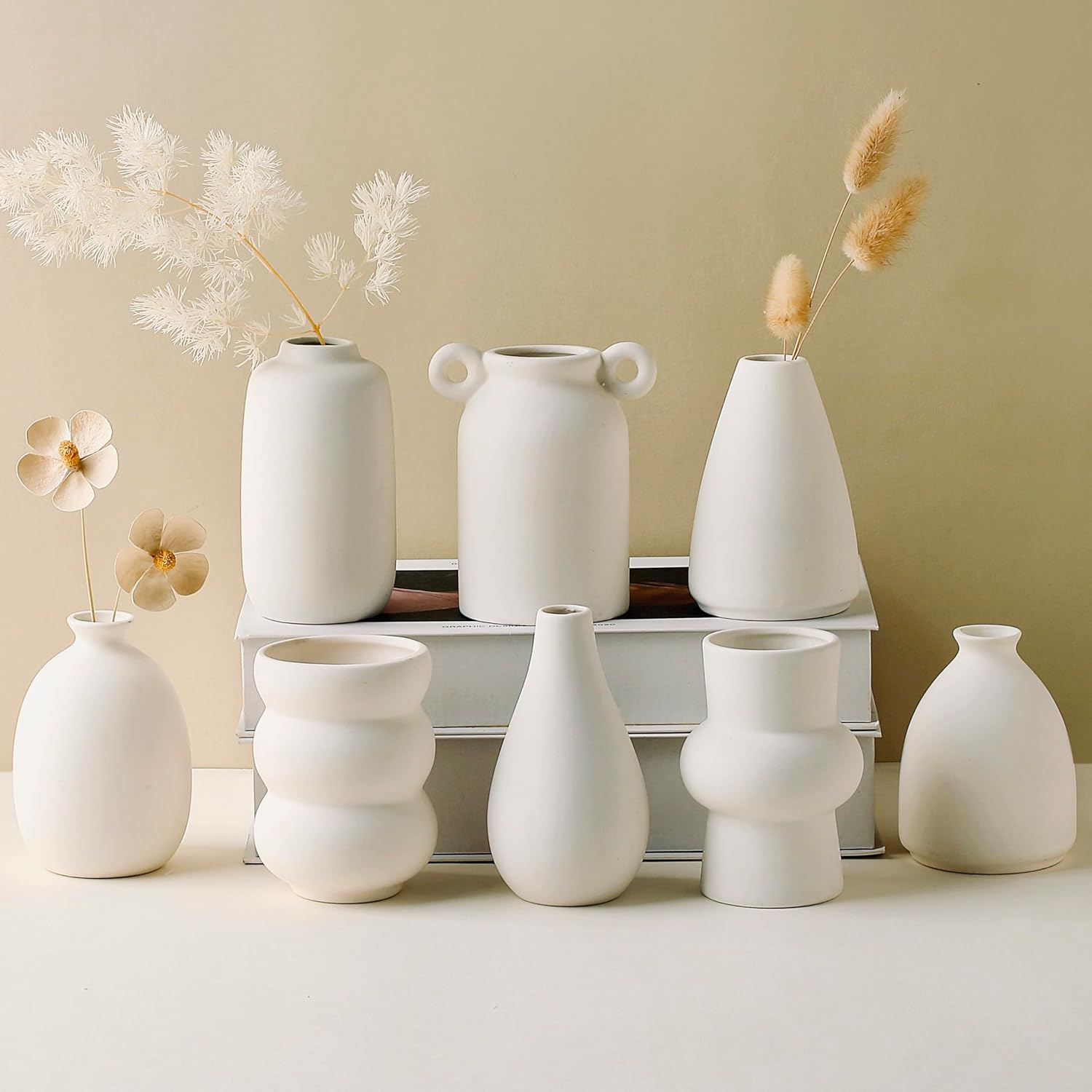 Set of 16 White Ceramic Bud Vases, Minimalist Boho Small Pampas Grass Flower Vase for Farmhouse Home Decor, Wedding Centerpiece, Shelf and Table Decoration