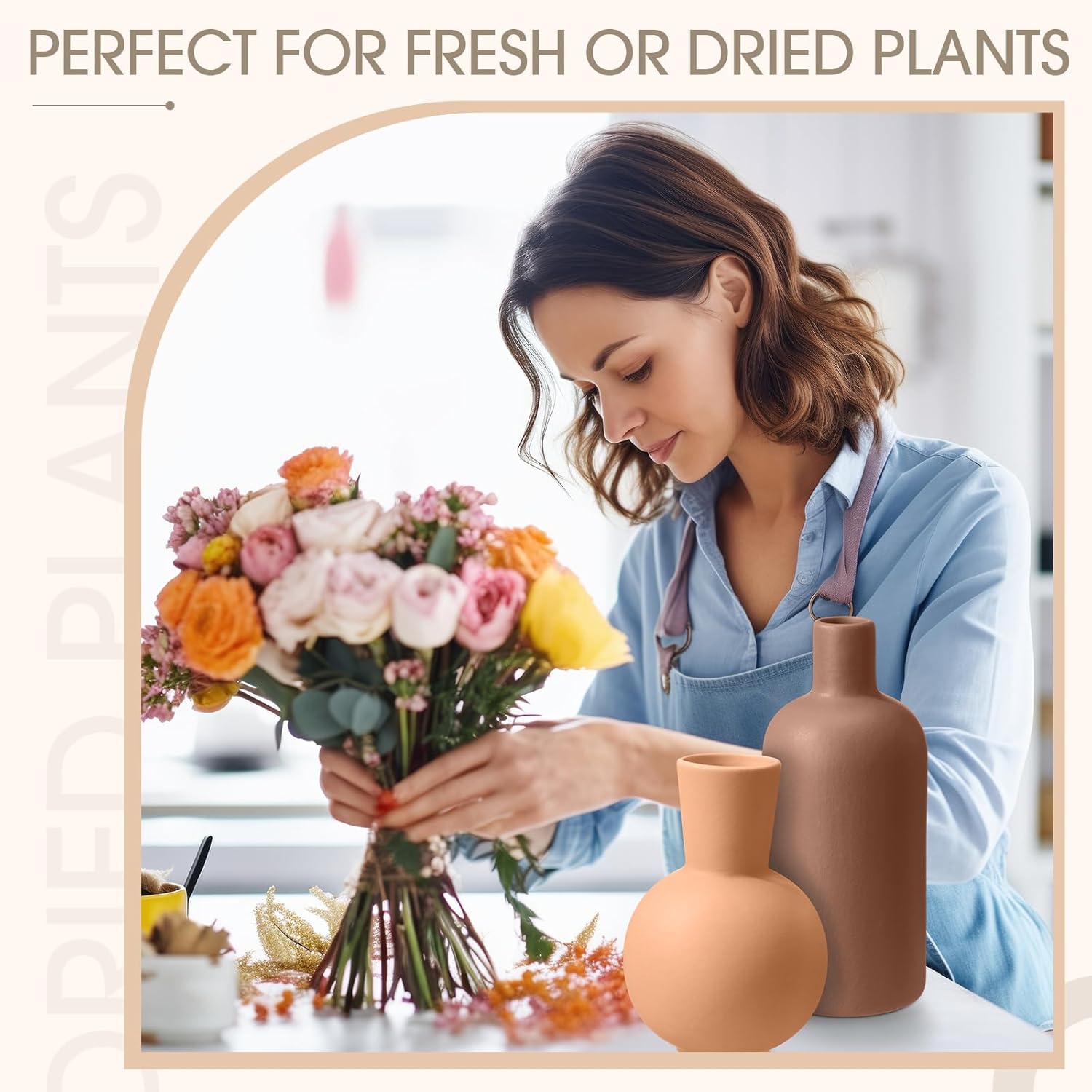 8 Pcs Ceramic Vase Set Home Decor Rustic Modern Farmhouse Neutral Boho Pottery Terracotta Vases for Pampas Grass Bouquet Dried Fresh Flowers, Shelf, Entryway Bedroom Minimalism Decor