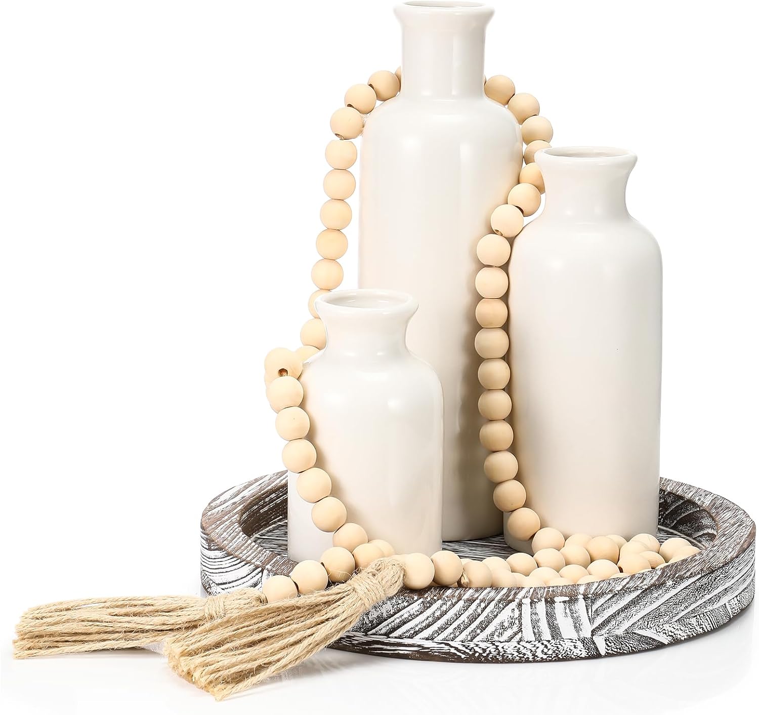 5 Pcs Rustic Country Tabletop Centerpieces Decor Set of 3 Boho Ceramic Vases with Wooden Serving Tray Wood Bead Garland Tassels Table Holder for Home Decorations(Rustic Color)