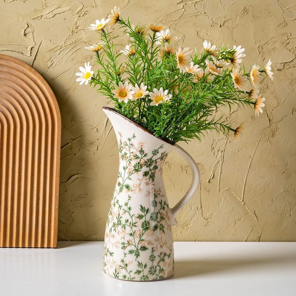 Ceramic Vase Set of 3, Vintage Green and Beige Vases Set, Flower Rustic Chinoiserie Vases Floral Grand Millennial Farmhouse Decor Vase for Home Decor, Living Room, Kitchen, Bedroom, Bookshelf