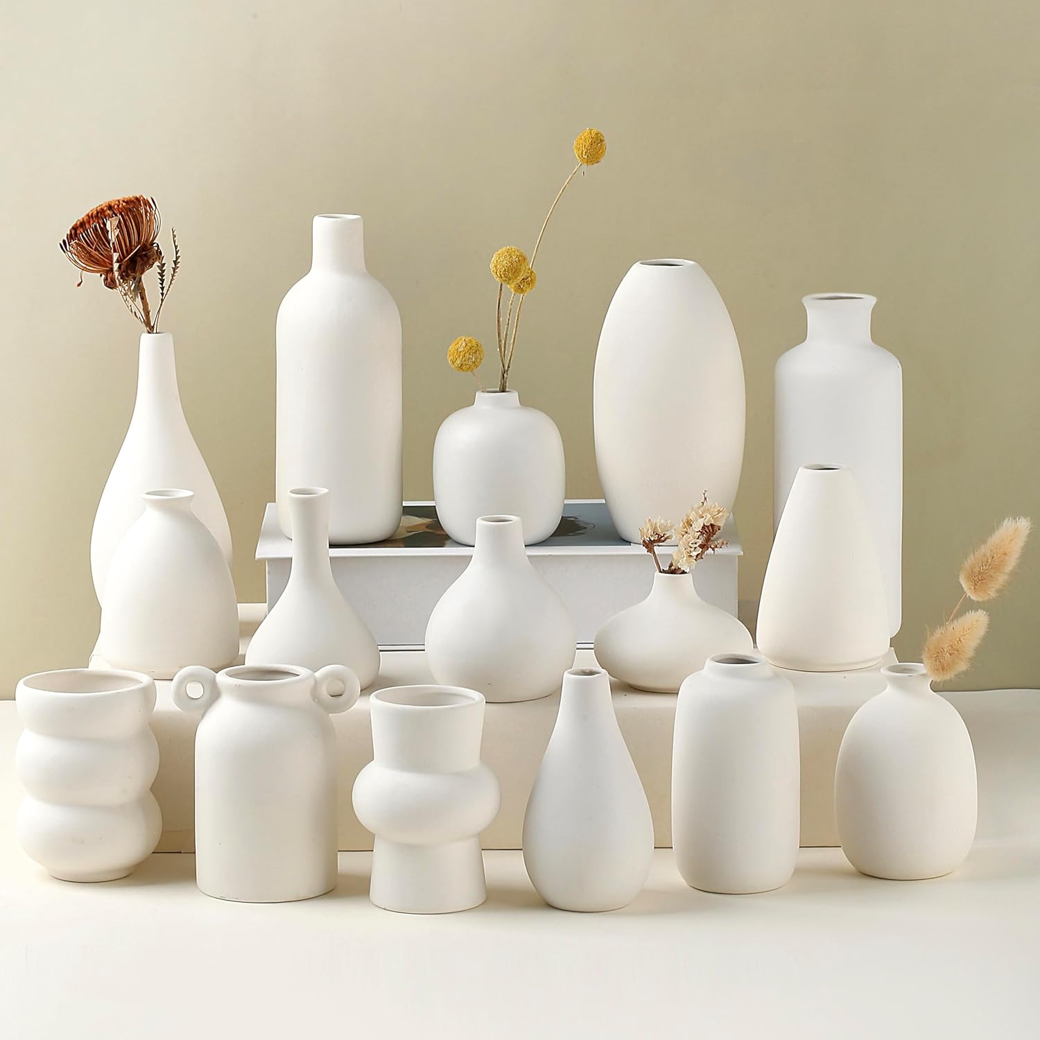 Set of 16 White Ceramic Bud Vases, Minimalist Boho Small Pampas Grass Flower Vase for Farmhouse Home Decor, Wedding Centerpiece, Shelf and Table Decoration