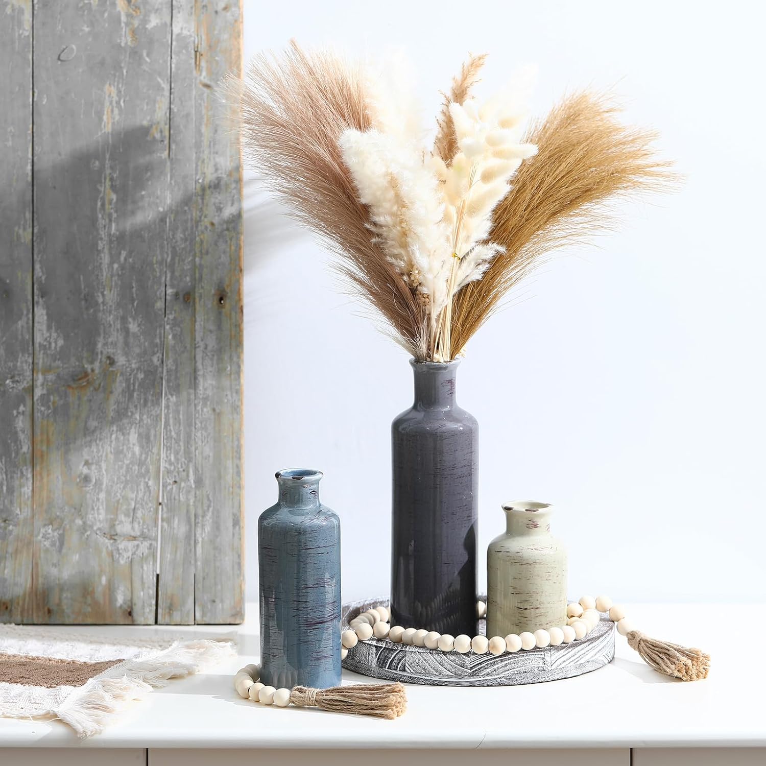 5 Pcs Rustic Country Tabletop Centerpieces Decor Set of 3 Boho Ceramic Vases with Wooden Serving Tray Wood Bead Garland Tassels Table Holder for Home Decorations(Rustic Color)