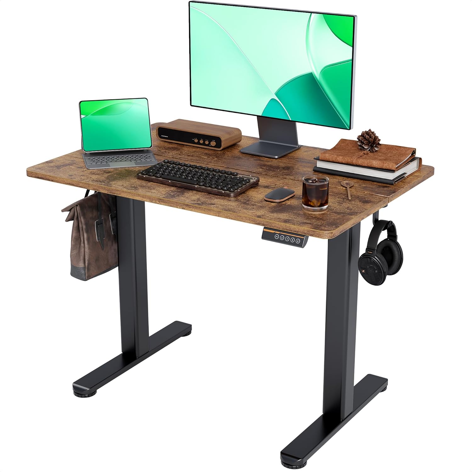Claiks Electric Standing Desk, Adjustable Height Stand up Desk, 24x48 Inches Sit Stand Home Office Desk with Splice Board, Black Frame/Rustic Brown Top