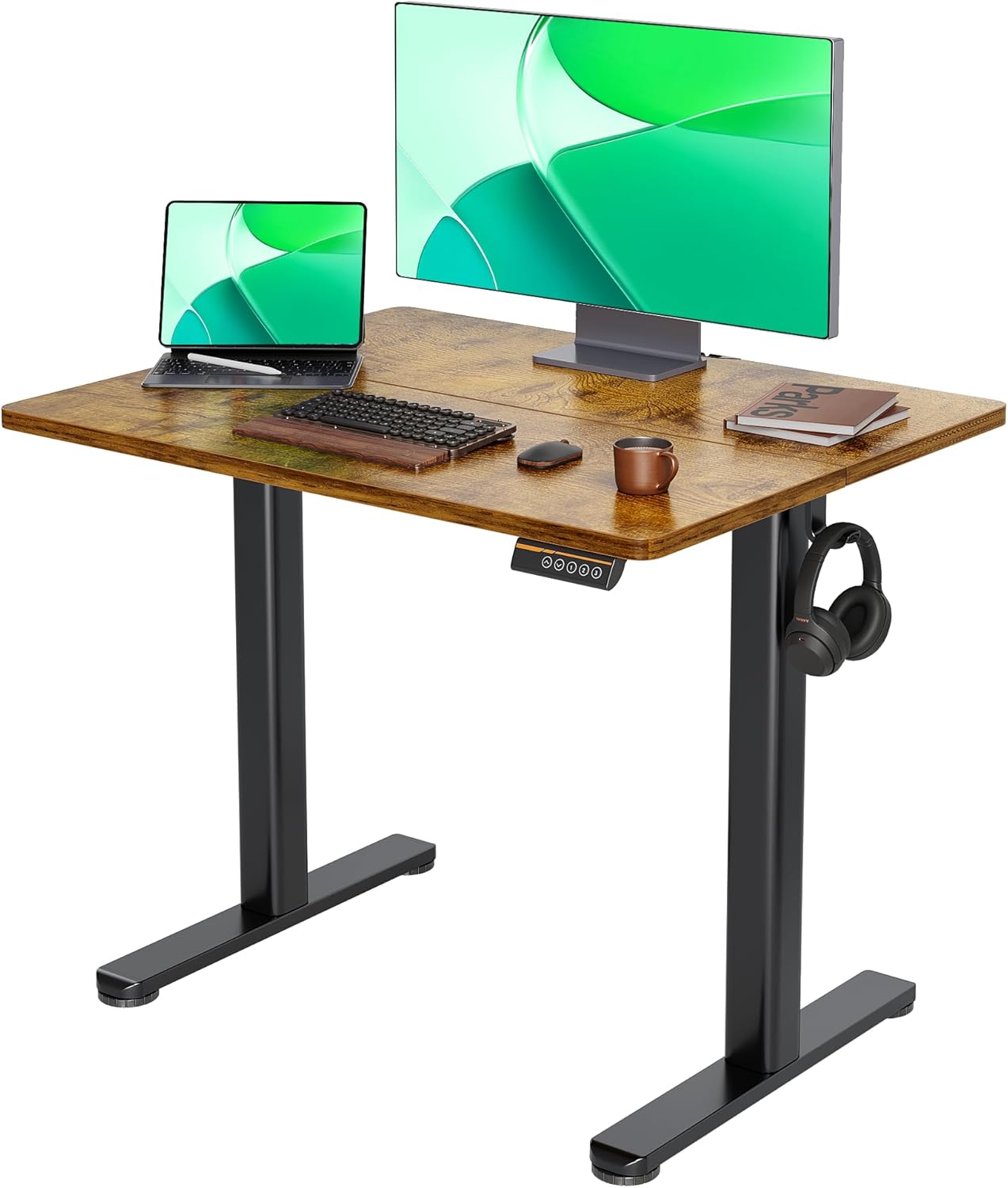 Claiks Electric Standing Desk, Adjustable Height Stand up Desk, 24x48 Inches Sit Stand Home Office Desk with Splice Board, Black Frame/Rustic Brown Top