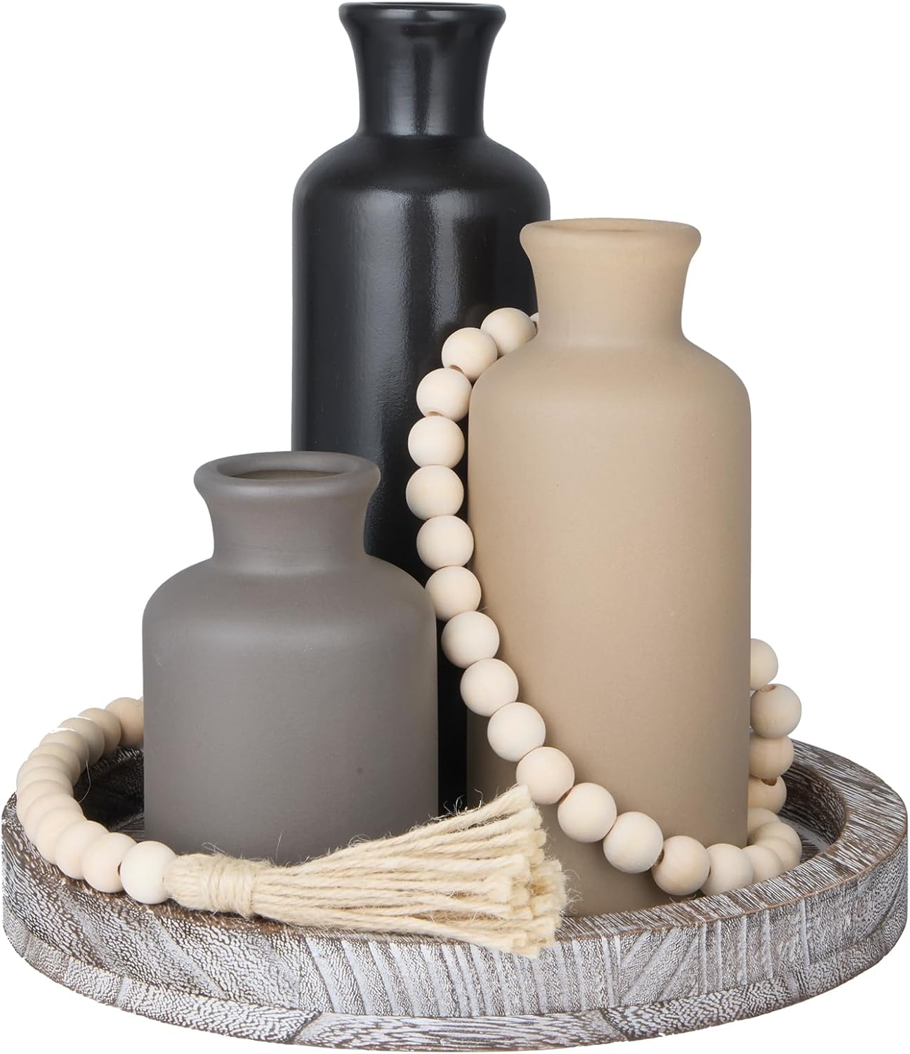 5 Pcs Rustic Country Tabletop Centerpieces Decor Set of 3 Boho Ceramic Vases with Wooden Serving Tray Wood Bead Garland Tassels Table Holder for Home Decorations(Rustic Color)