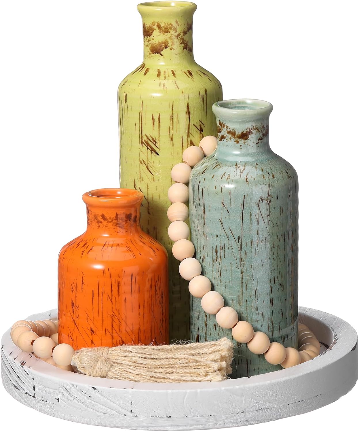 5 Pcs Rustic Country Tabletop Centerpieces Decor Set of 3 Boho Ceramic Vases with Wooden Serving Tray Wood Bead Garland Tassels Table Holder for Home Decorations(Rustic Color)