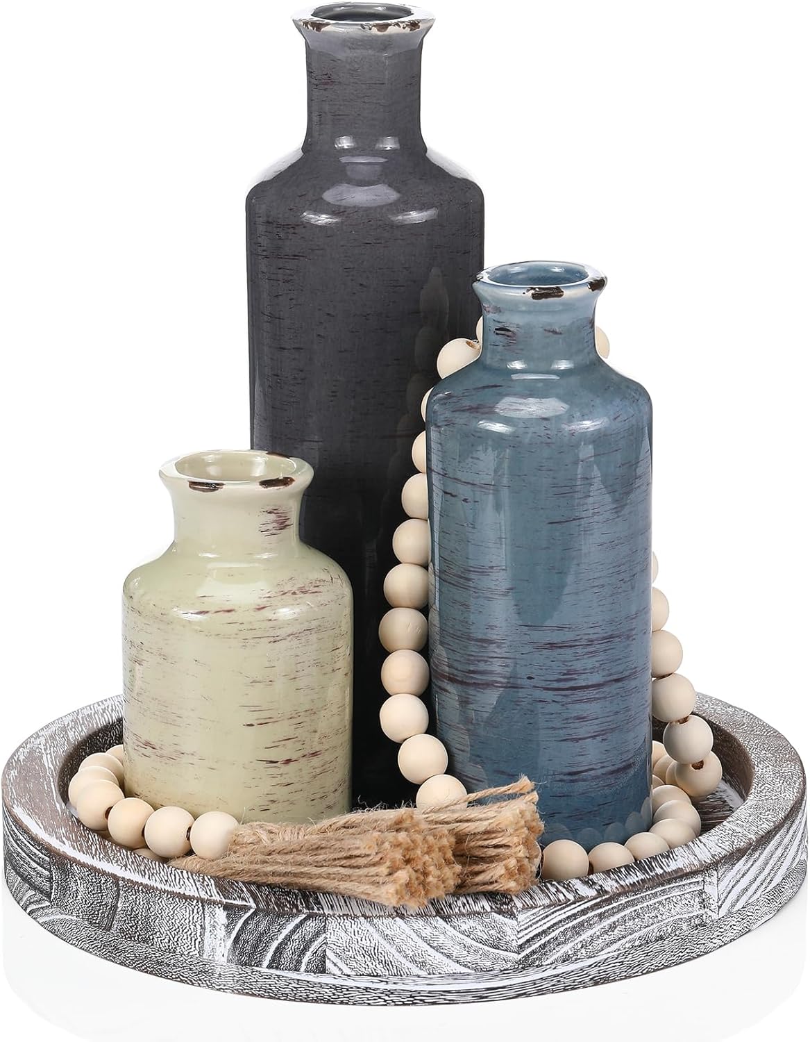 5 Pcs Rustic Country Tabletop Centerpieces Decor Set of 3 Boho Ceramic Vases with Wooden Serving Tray Wood Bead Garland Tassels Table Holder for Home Decorations(Rustic Color)