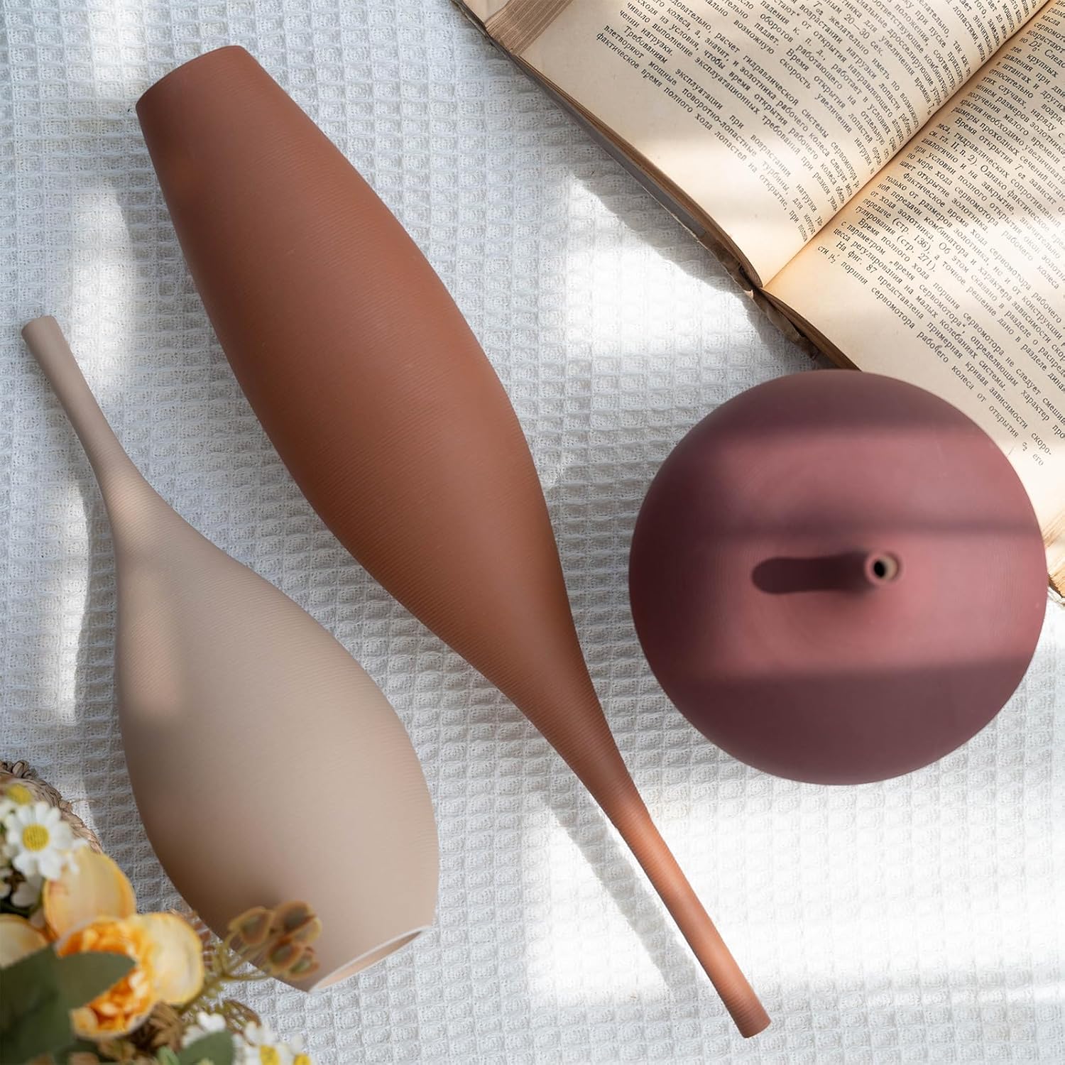 Ceramic Modern Vase Set of 3 Farmhouse Decorative Vase Minimalist Aesthetic Vases for Centerpieces Matte Ribbed Vases for Home Decor Table Entryway Living Room (Brown+Khaki+ Dark Red)