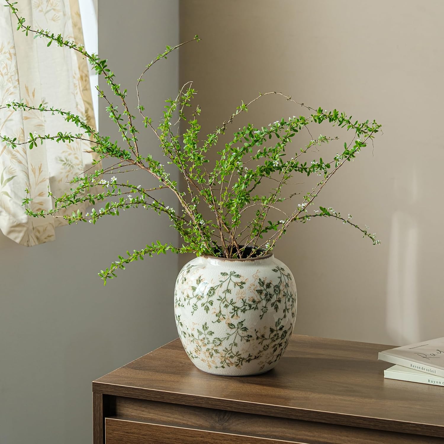 Ceramic Vase Set of 3, Vintage Green and Beige Vases Set, Flower Rustic Chinoiserie Vases Floral Grand Millennial Farmhouse Decor Vase for Home Decor, Living Room, Kitchen, Bedroom, Bookshelf