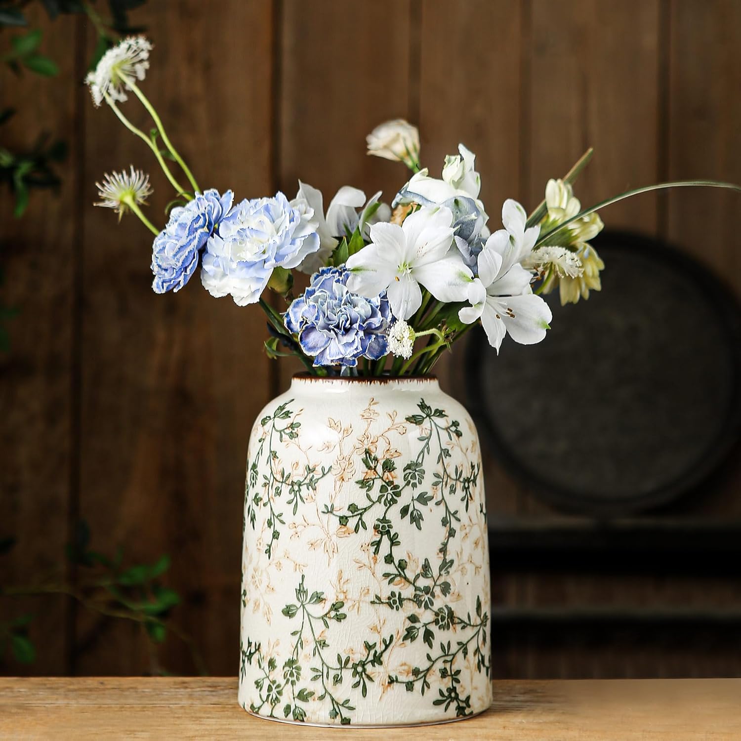 Ceramic Vase Set of 3, Vintage Green and Beige Vases Set, Flower Rustic Chinoiserie Vases Floral Grand Millennial Farmhouse Decor Vase for Home Decor, Living Room, Kitchen, Bedroom, Bookshelf