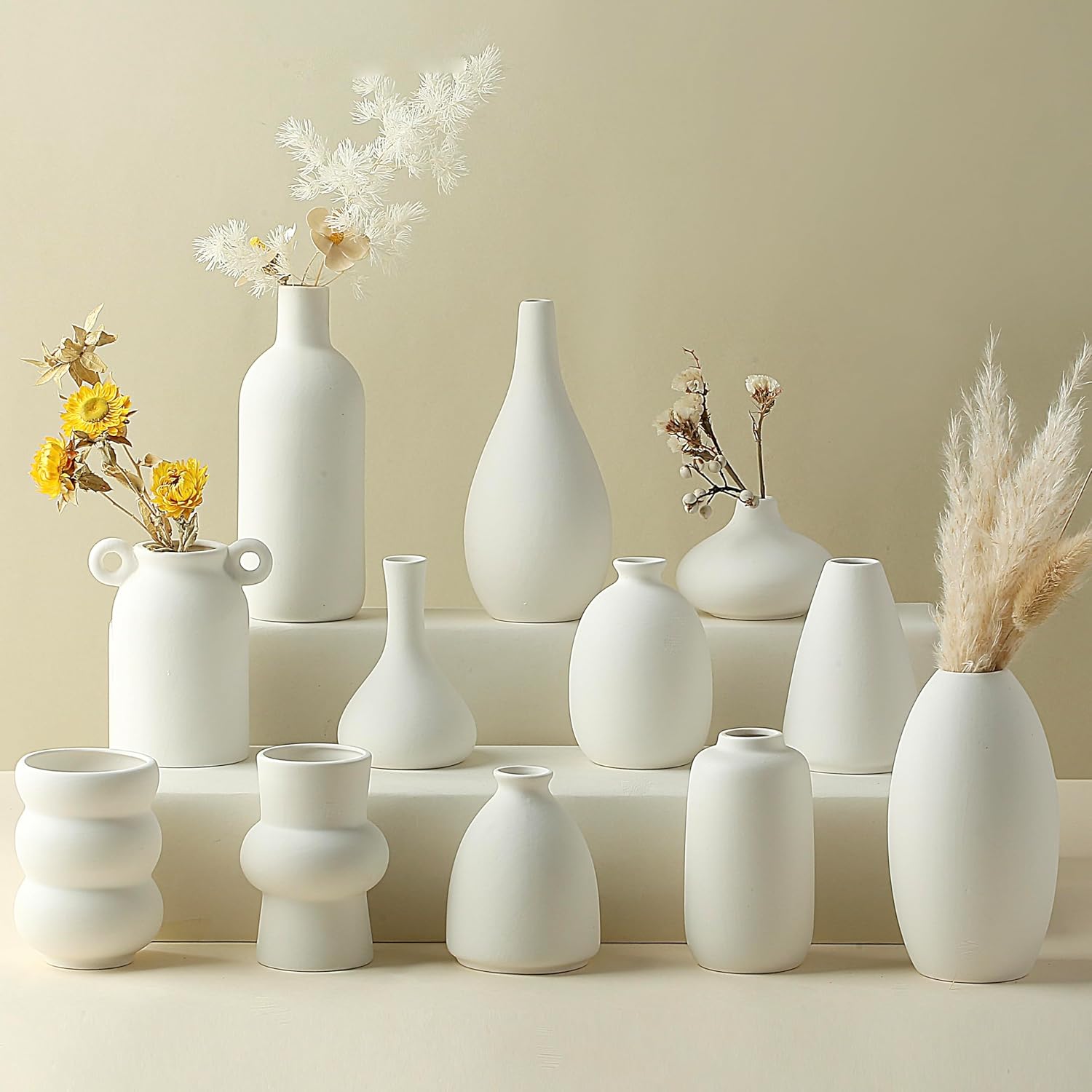 Set of 16 White Ceramic Bud Vases, Minimalist Boho Small Pampas Grass Flower Vase for Farmhouse Home Decor, Wedding Centerpiece, Shelf and Table Decoration
