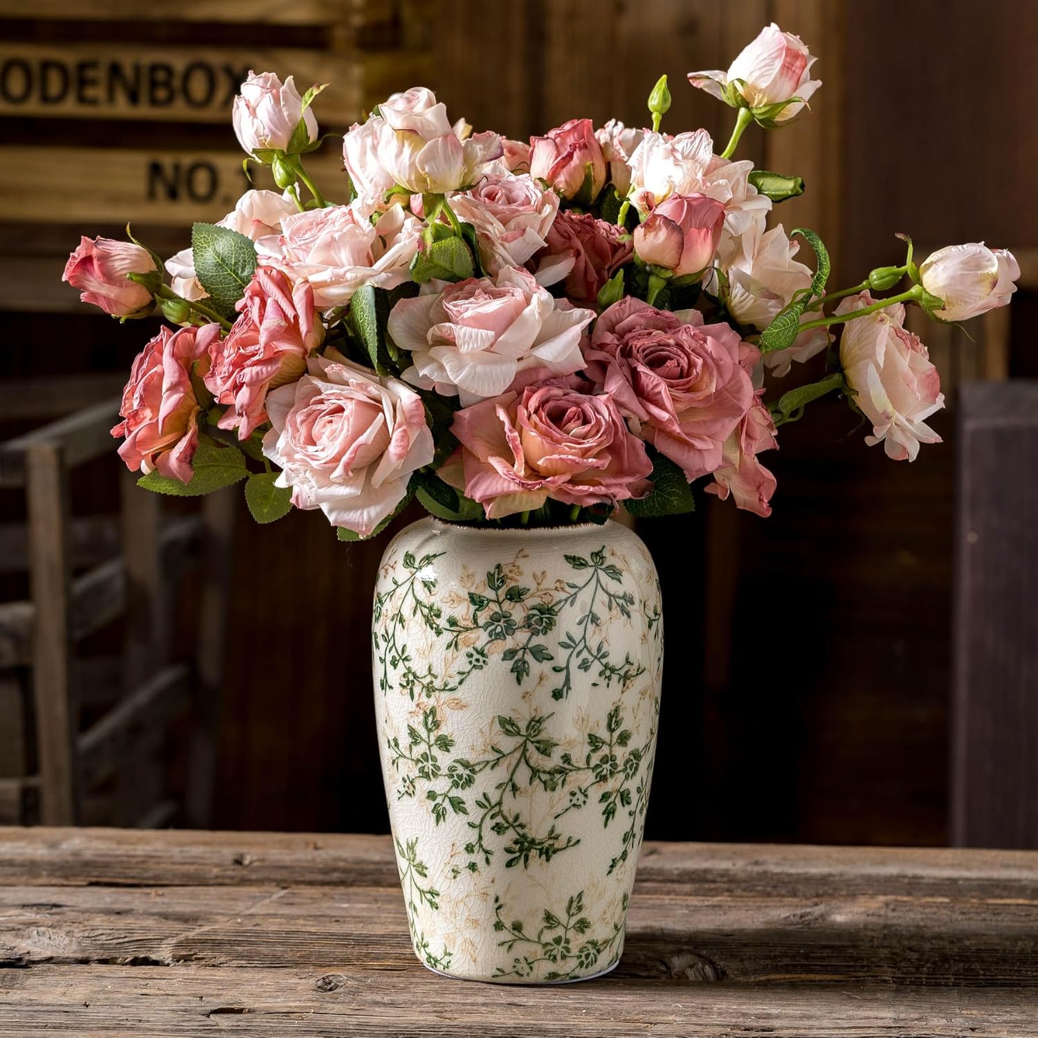 Ceramic Vase Set of 3, Vintage Green and Beige Vases Set, Flower Rustic Chinoiserie Vases Floral Grand Millennial Farmhouse Decor Vase for Home Decor, Living Room, Kitchen, Bedroom, Bookshelf