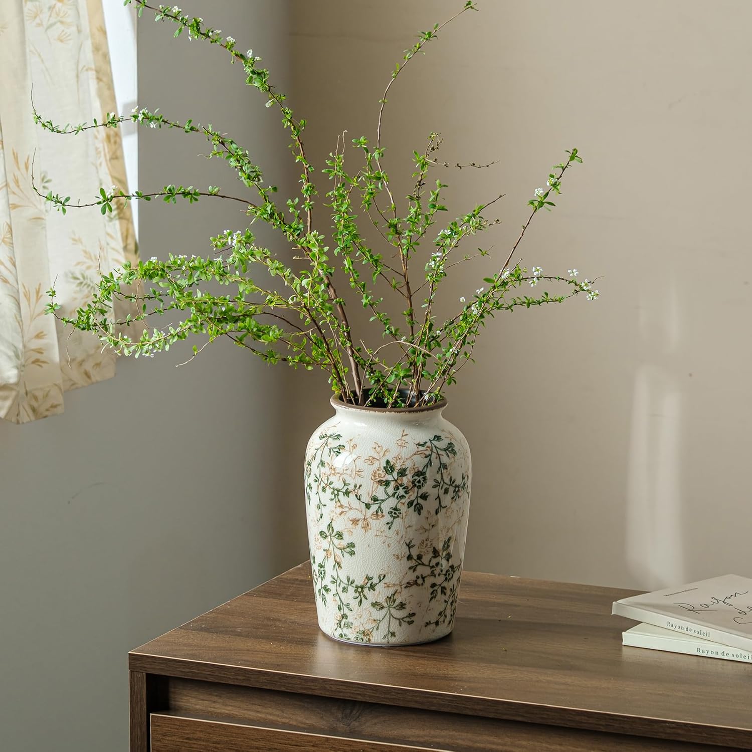 Ceramic Vase Set of 3, Vintage Green and Beige Vases Set, Flower Rustic Chinoiserie Vases Floral Grand Millennial Farmhouse Decor Vase for Home Decor, Living Room, Kitchen, Bedroom, Bookshelf
