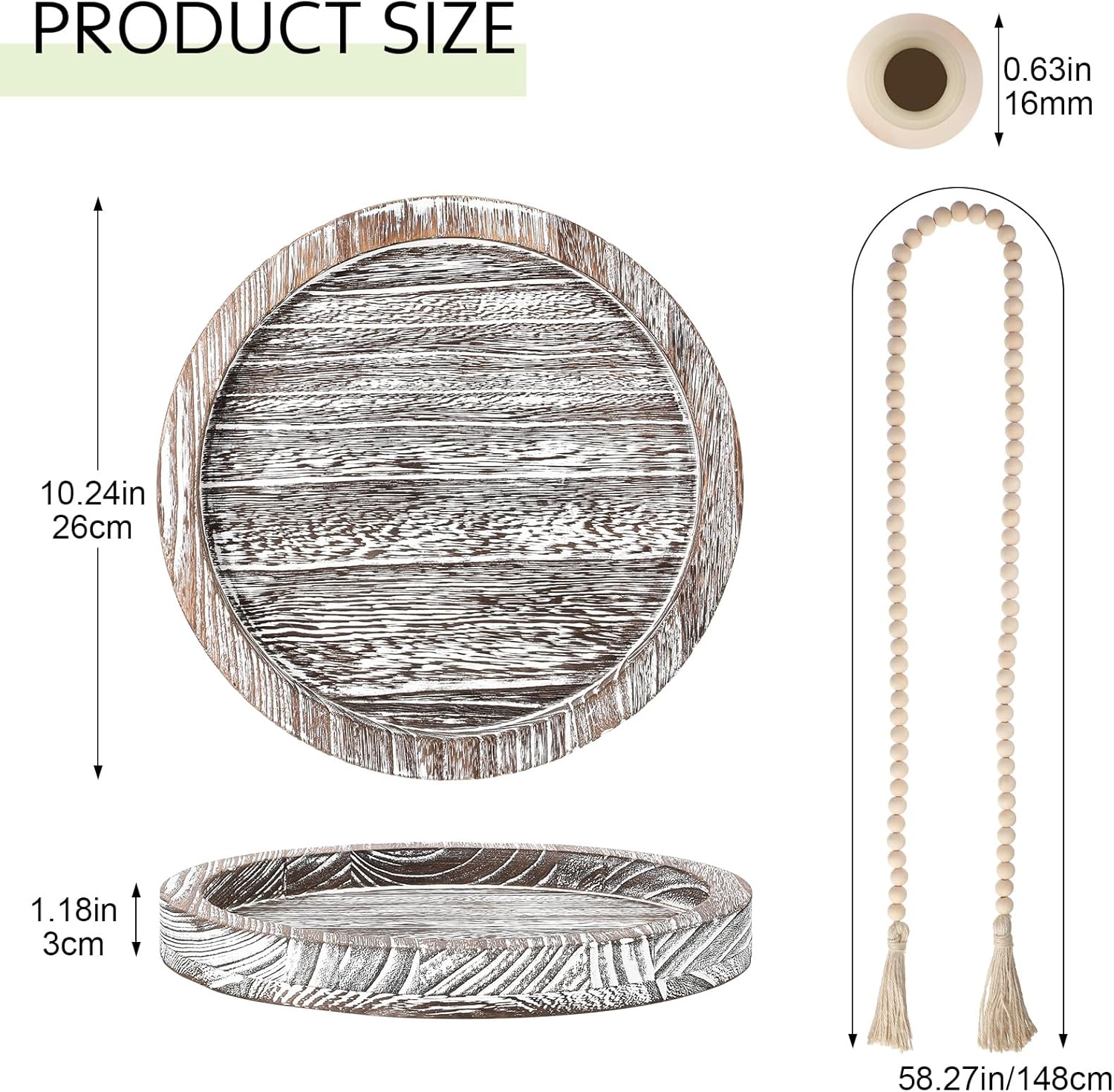 5 Pcs Rustic Country Tabletop Centerpieces Decor Set of 3 Boho Ceramic Vases with Wooden Serving Tray Wood Bead Garland Tassels Table Holder for Home Decorations(Rustic Color)