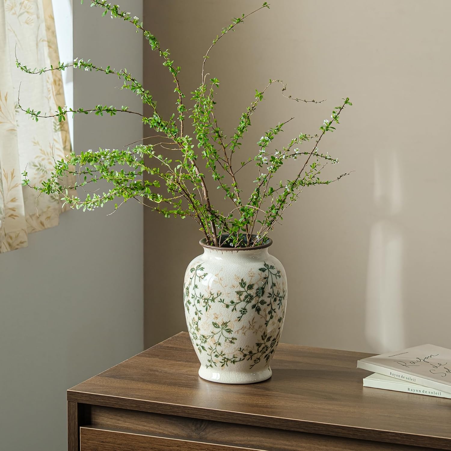 Ceramic Vase Set of 3, Vintage Green and Beige Vases Set, Flower Rustic Chinoiserie Vases Floral Grand Millennial Farmhouse Decor Vase for Home Decor, Living Room, Kitchen, Bedroom, Bookshelf