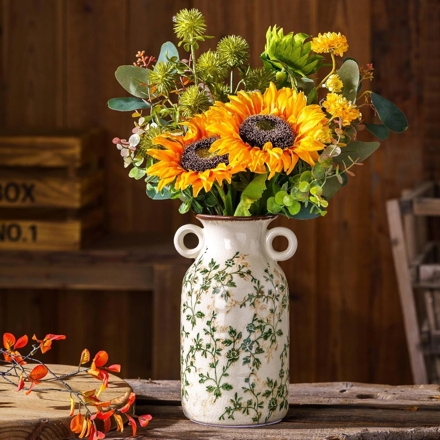 Ceramic Vase Set of 3, Vintage Green and Beige Vases Set, Flower Rustic Chinoiserie Vases Floral Grand Millennial Farmhouse Decor Vase for Home Decor, Living Room, Kitchen, Bedroom, Bookshelf
