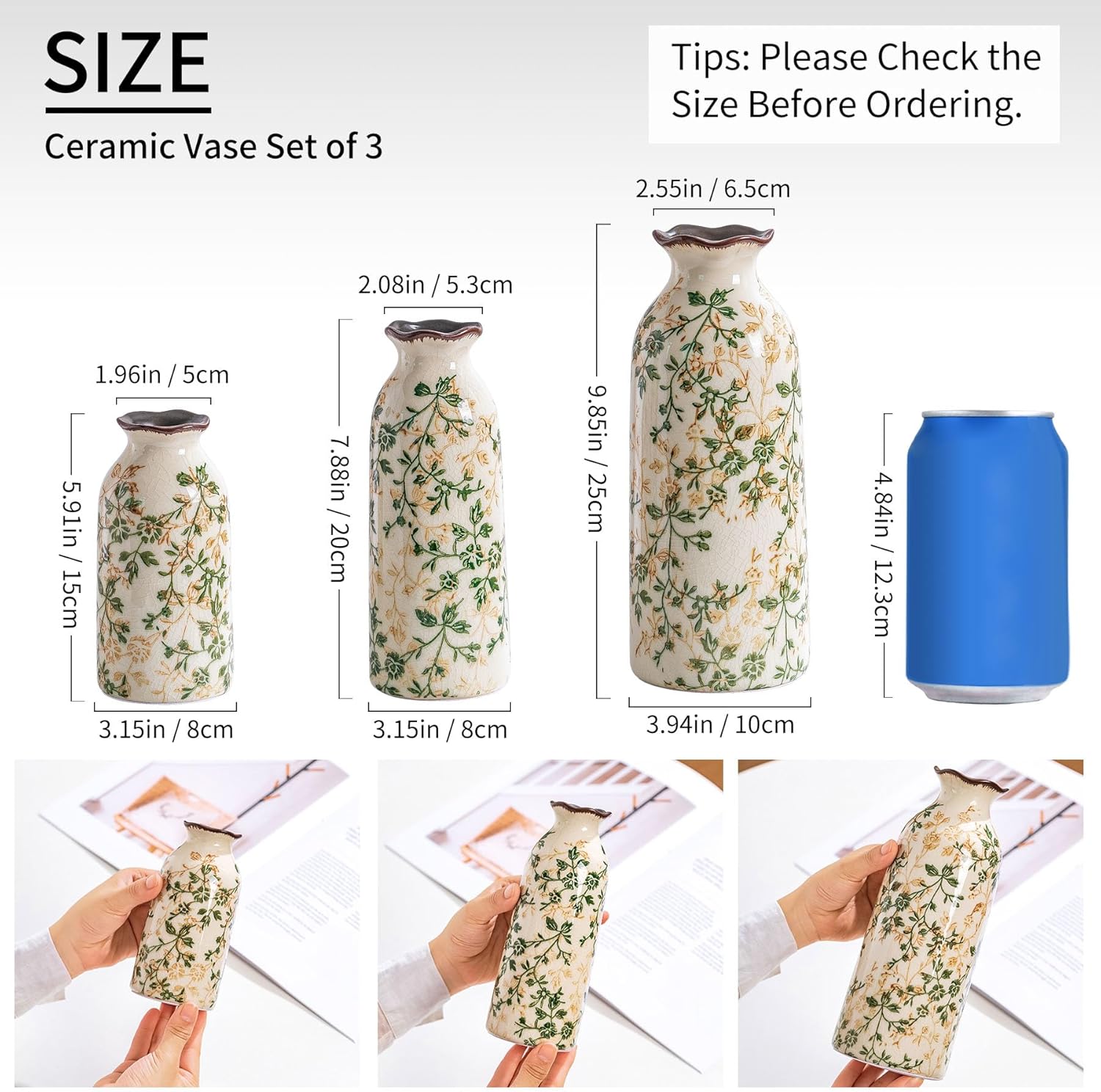 Ceramic Vase Set of 3, Vintage Green and Beige Vases Set, Flower Rustic Chinoiserie Vases Floral Grand Millennial Farmhouse Decor Vase for Home Decor, Living Room, Kitchen, Bedroom, Bookshelf