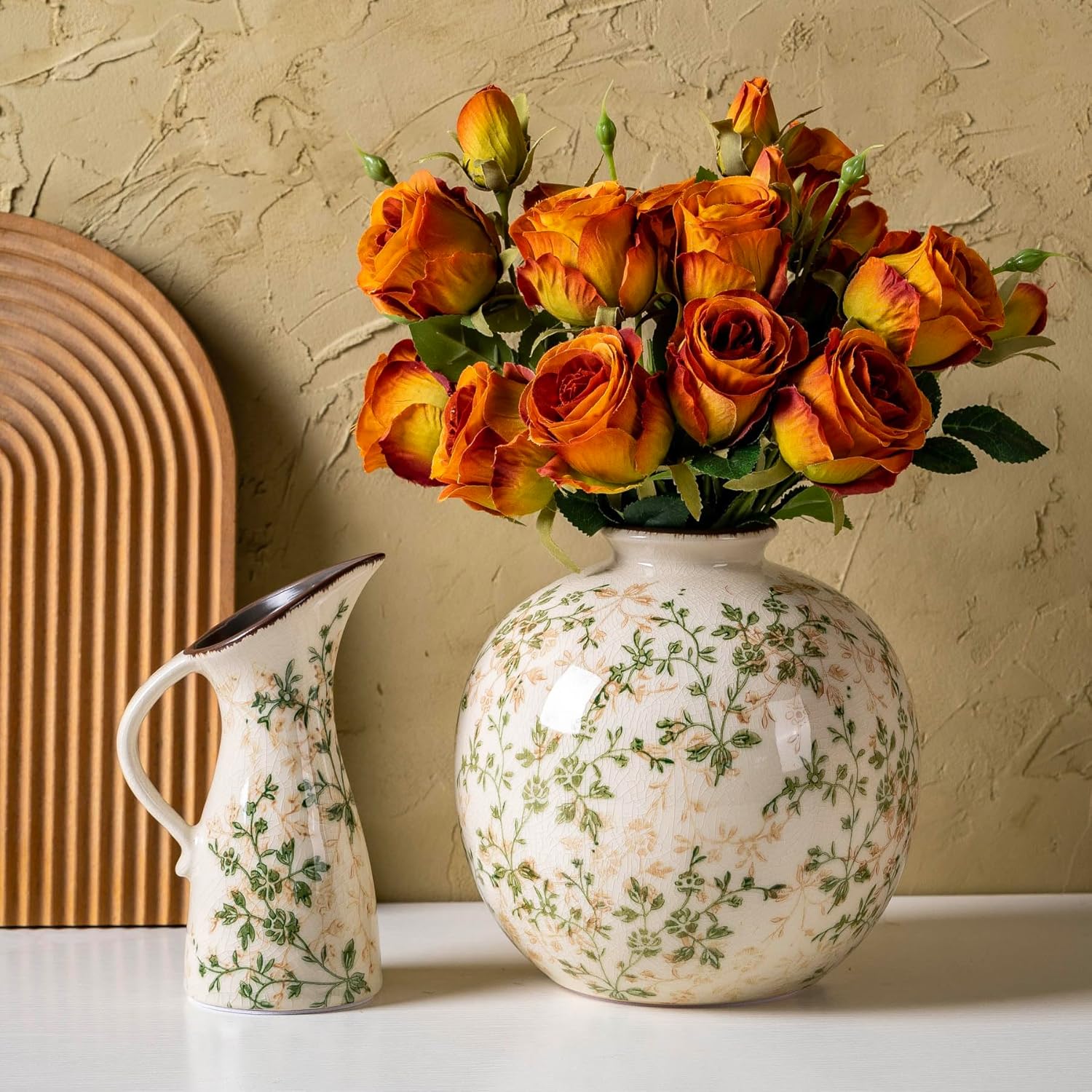 Ceramic Vase Set of 3, Vintage Green and Beige Vases Set, Flower Rustic Chinoiserie Vases Floral Grand Millennial Farmhouse Decor Vase for Home Decor, Living Room, Kitchen, Bedroom, Bookshelf