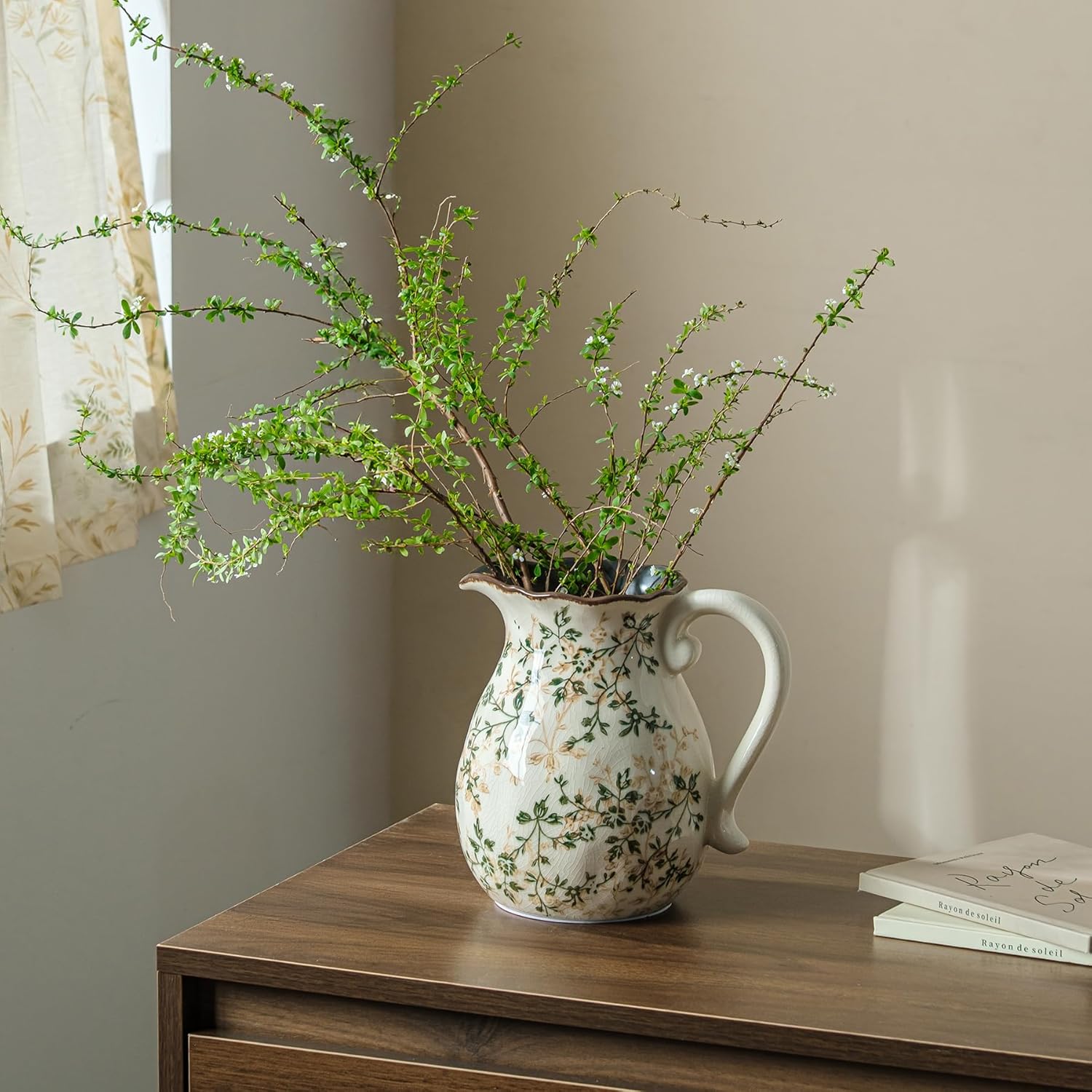 Ceramic Vase Set of 3, Vintage Green and Beige Vases Set, Flower Rustic Chinoiserie Vases Floral Grand Millennial Farmhouse Decor Vase for Home Decor, Living Room, Kitchen, Bedroom, Bookshelf