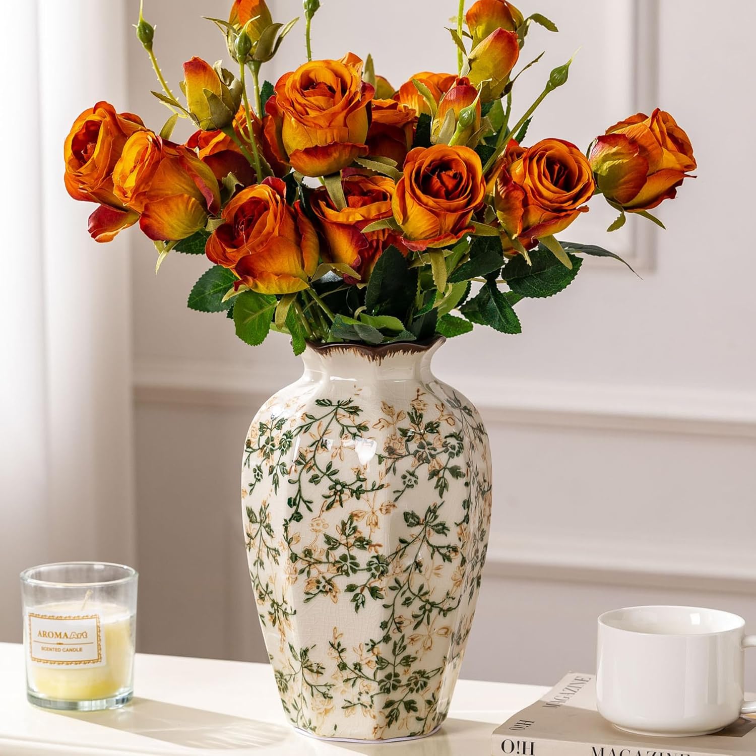 Ceramic Vase Set of 3, Vintage Green and Beige Vases Set, Flower Rustic Chinoiserie Vases Floral Grand Millennial Farmhouse Decor Vase for Home Decor, Living Room, Kitchen, Bedroom, Bookshelf