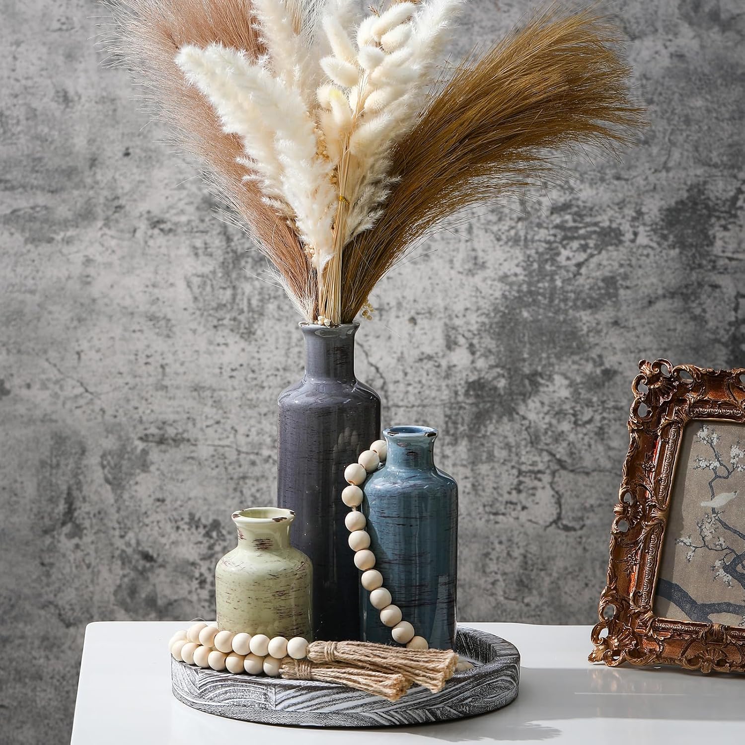 5 Pcs Rustic Country Tabletop Centerpieces Decor Set of 3 Boho Ceramic Vases with Wooden Serving Tray Wood Bead Garland Tassels Table Holder for Home Decorations(Rustic Color)