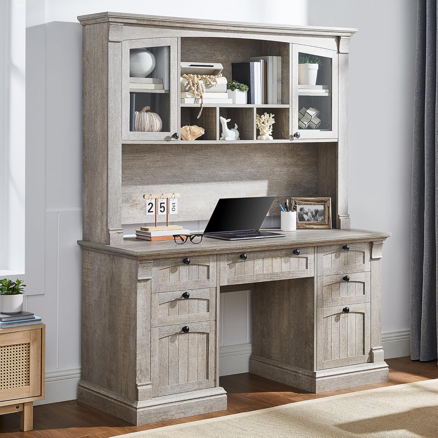 OKD 60" Executive Desk with Drawers, Farmhouse Home Office Desk with Charging Station, Keyboard Tray, File Cabinet Storage, Wood Computer Desk for Work and Study, Reclaimed Barnwood