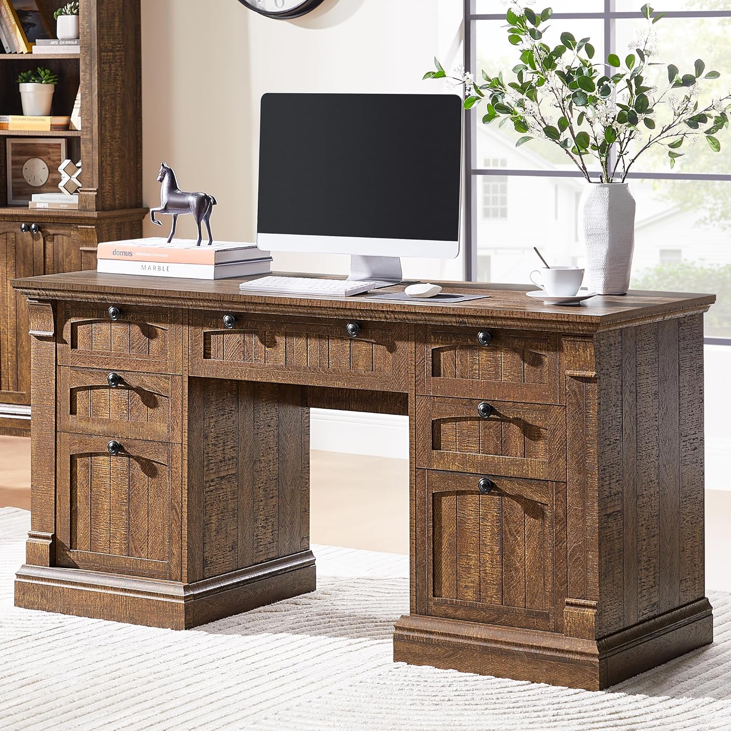 OKD 60" Executive Desk with Drawers, Farmhouse Home Office Desk with Charging Station, Keyboard Tray, File Cabinet Storage, Wood Computer Desk for Work and Study, Reclaimed Barnwood